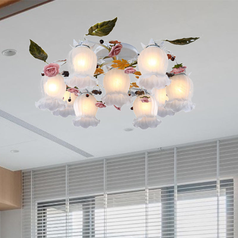 Bloom Living Room Semi Flush Korean Garden Metal 7/9 Bulbs White Close to Ceiling Lighting Fixture Clearhalo 'Ceiling Lights' 'Close To Ceiling Lights' 'Close to ceiling' 'Semi-flushmount' Lighting' 465841