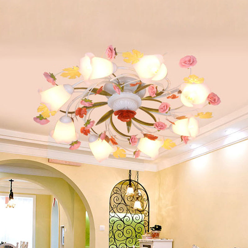 Metal White Ceiling Lighting Spiral 5/8-Bulb Korean Flower Semi Flush Light for Living Room 8 White Clearhalo 'Ceiling Lights' 'Close To Ceiling Lights' 'Close to ceiling' 'Semi-flushmount' Lighting' 465855