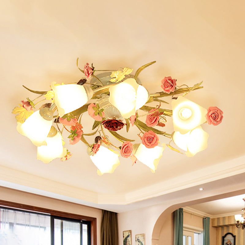 Metal White Ceiling Lighting Spiral 5/8-Bulb Korean Flower Semi Flush Light for Living Room Clearhalo 'Ceiling Lights' 'Close To Ceiling Lights' 'Close to ceiling' 'Semi-flushmount' Lighting' 465856