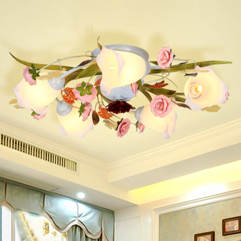 Metal White Ceiling Lighting Spiral 5/8-Bulb Korean Flower Semi Flush Light for Living Room 5 White Clearhalo 'Ceiling Lights' 'Close To Ceiling Lights' 'Close to ceiling' 'Semi-flushmount' Lighting' 465860