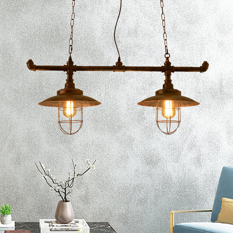 2 Lights Wire Guard Hanging Light with Pipe Design Warehouse Weathered Copper Iron Island Lighting Clearhalo 'Ceiling Lights' 'Island Lights' Lighting' 466040