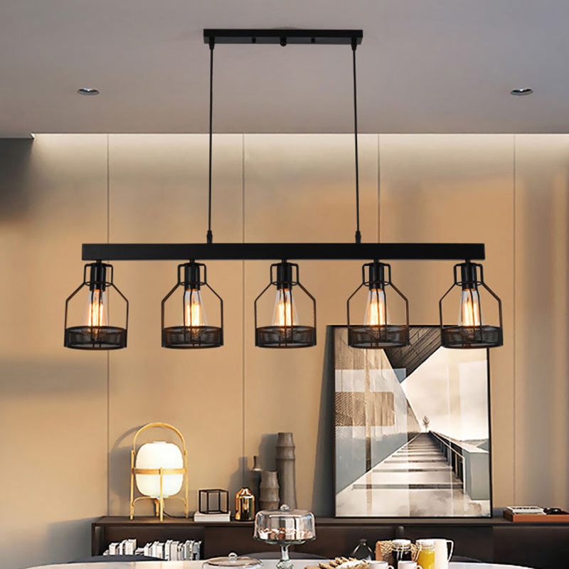 Wire Guard Metal Island Light Vintage Industrial 5 Lights Dining Room Linear Hanging Light Fixture in Black Clearhalo 'Ceiling Lights' 'Island Lights' Lighting' 466055