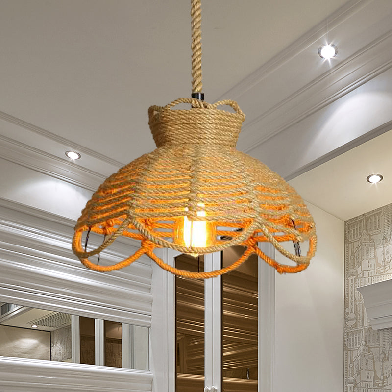 Flower Basket Rope Hanging Lighting Farmhouse 1 Head Restaurant Ceiling Lamp in Beige Beige Clearhalo 'Ceiling Lights' 'Industrial Pendants' 'Industrial' 'Middle Century Pendants' 'Pendant Lights' 'Pendants' 'Tiffany' Lighting' 466071