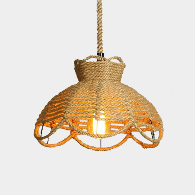 Flower Basket Rope Hanging Lighting Farmhouse 1 Head Restaurant Ceiling Lamp in Beige Clearhalo 'Ceiling Lights' 'Industrial Pendants' 'Industrial' 'Middle Century Pendants' 'Pendant Lights' 'Pendants' 'Tiffany' Lighting' 466074