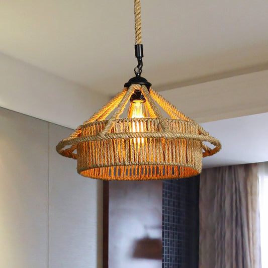 1 Bulb Rope Ceiling Pendant Light Vintage Beige Straw Hat Shape Coffee Shop Hanging Lamp Beige Clearhalo 'Ceiling Lights' 'Industrial Pendants' 'Industrial' 'Middle Century Pendants' 'Pendant Lights' 'Pendants' 'Tiffany' Lighting' 466080