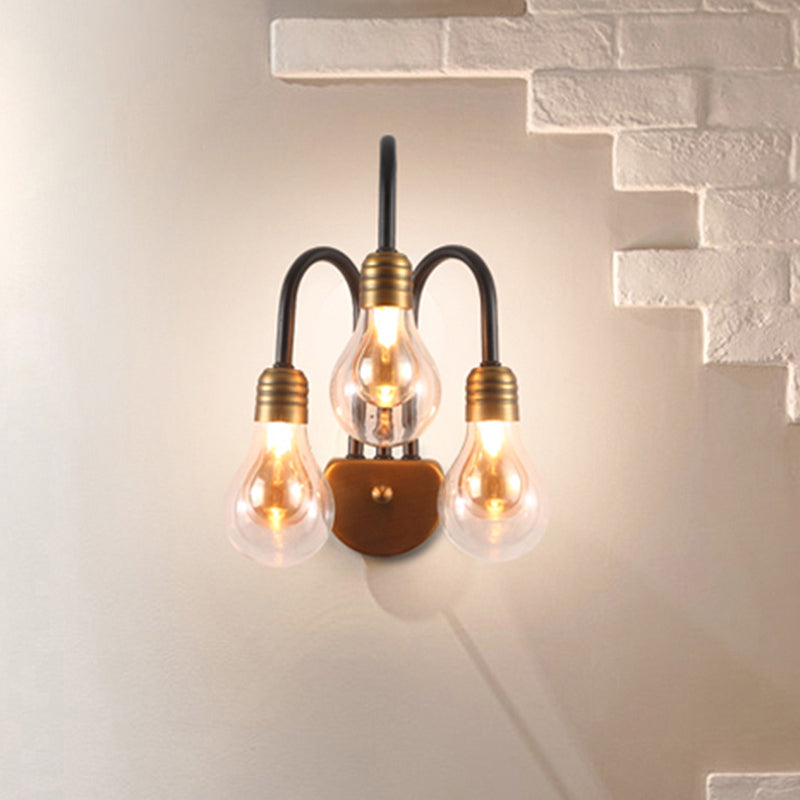 Clear Glass Bulb Wall Lighting Contemporary 1/2/3 Lights Led Wall Sconce Light in Brass with Curved Arm Clearhalo 'Cast Iron' 'Glass' 'Industrial' 'Modern wall lights' 'Modern' 'Tiffany' 'Traditional wall lights' 'Wall Lamps & Sconces' 'Wall Lights' Lighting' 466114