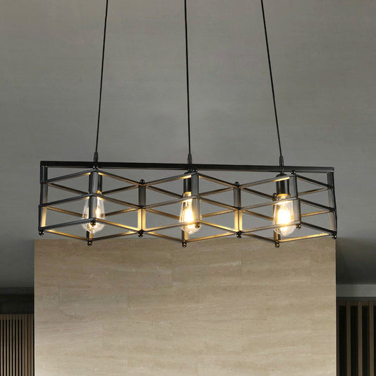 31.5"/32" Dia Linear Metal Island Lighting Industrial 3 Lights Dining Room Hanging Light with Cage Shade in Black Clearhalo 'Ceiling Lights' 'Island Lights' Lighting' 466195