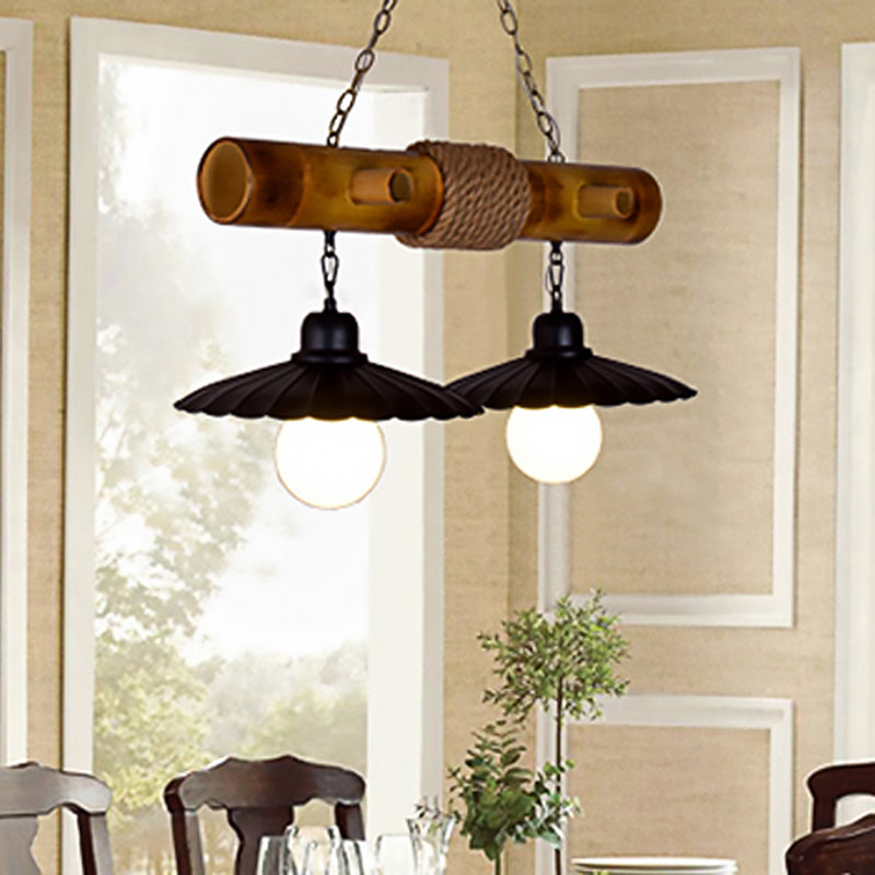 2 Heads Scalloped Hanging Lamp Countryside Black Rope and Bamboo Island Lighting for Dining Room Clearhalo 'Ceiling Lights' 'Island Lights' Lighting' 466226