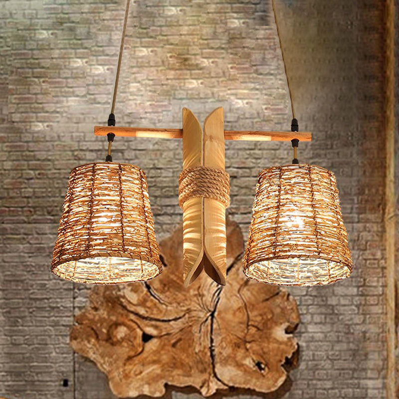 Bucket Rattan Shade Island Lighting Countryside 2 Bulbs Beige Pendant Light Fixture with Bamboo Design Clearhalo 'Ceiling Lights' 'Island Lights' Lighting' 466234