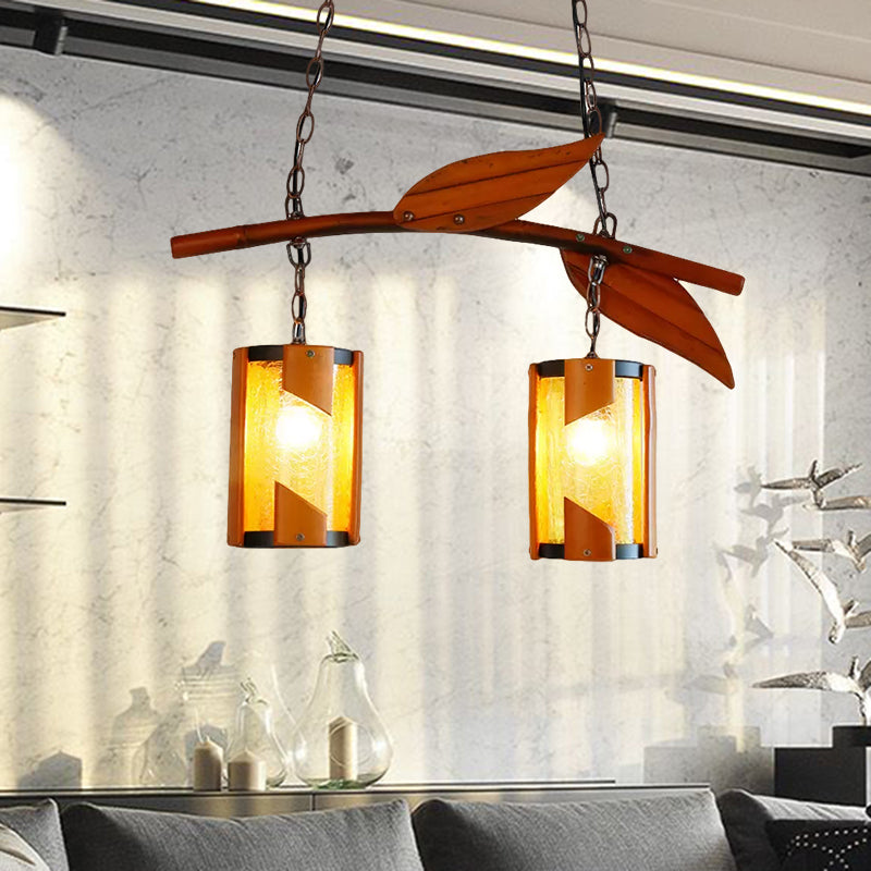 Crackle Glass Cylindrical Hanging Light Country Style 2 Lights Brown Island Lighting with Branch Accent for Restaurant Clearhalo 'Ceiling Lights' 'Island Lights' Lighting' 466237