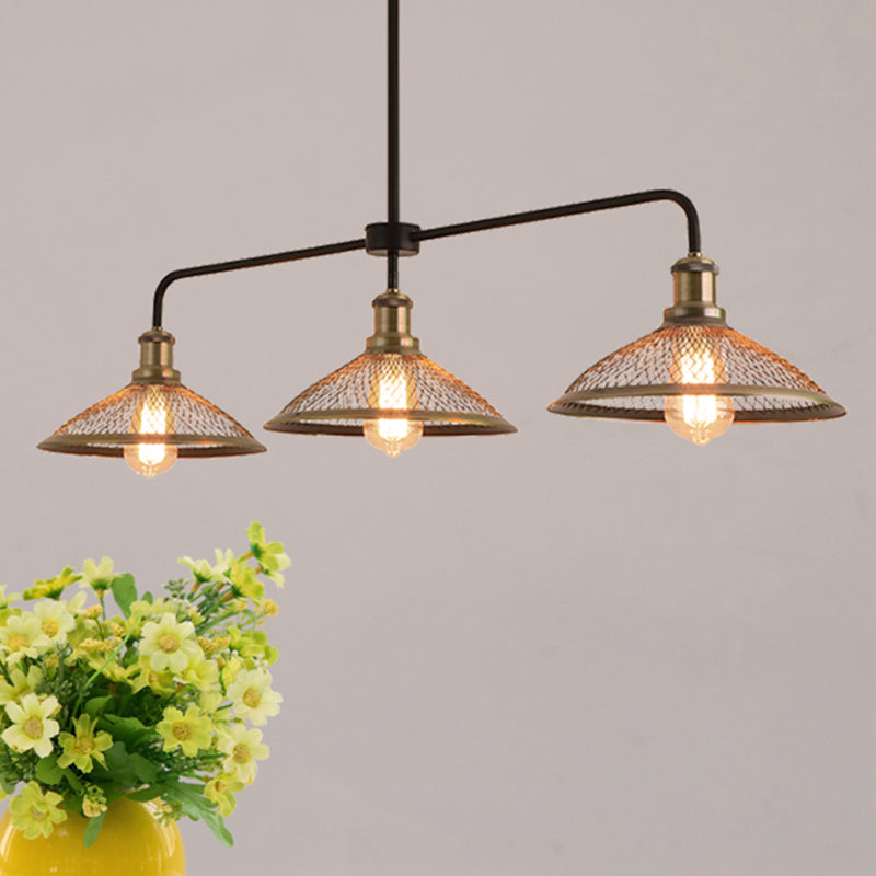 3 Heads Cage Flared Island Lighting with Mesh Screen Industrial Copper/Aged Bronze Metal Island Pendant Light for Dining Room Clearhalo 'Ceiling Lights' 'Island Lights' Lighting' 466252