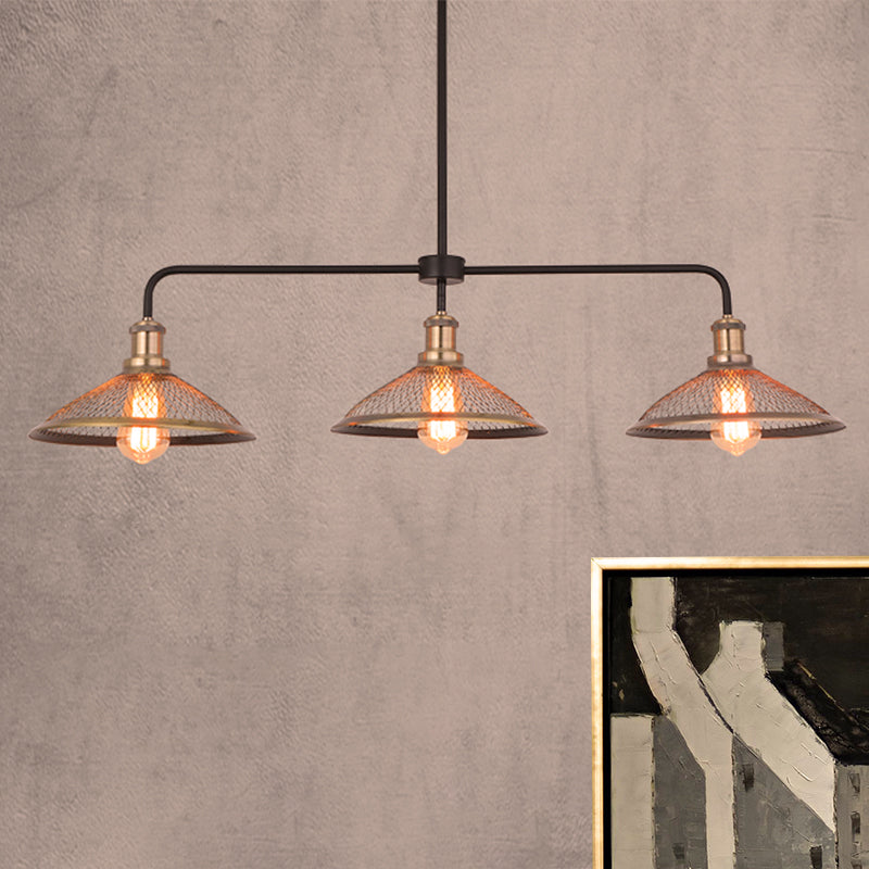 3 Heads Cage Flared Island Lighting with Mesh Screen Industrial Copper/Aged Bronze Metal Island Pendant Light for Dining Room Copper Clearhalo 'Ceiling Lights' 'Island Lights' Lighting' 466253