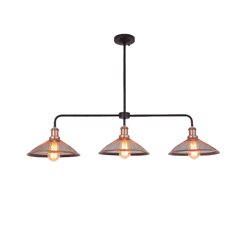 3 Heads Cage Flared Island Lighting with Mesh Screen Industrial Copper/Aged Bronze Metal Island Pendant Light for Dining Room Clearhalo 'Ceiling Lights' 'Island Lights' Lighting' 466254