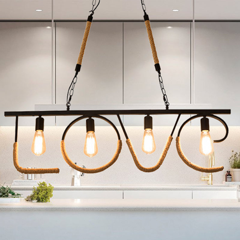 Open Bulb Metal and Rope Island Lamp with LOVE Design Industrial 4 Bulbs Restaurant Island Lighting in Beige Clearhalo 'Ceiling Lights' 'Island Lights' Lighting' 466282