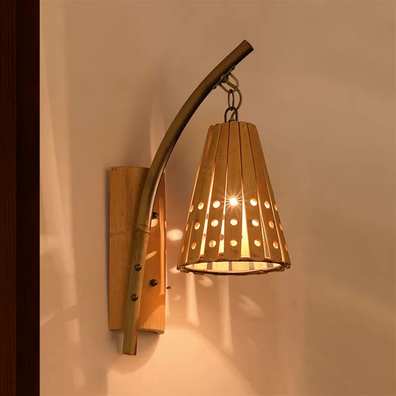 Bamboo Conical Shade Wall Lighting with Hollow Out Design Lodge Style 1-Head Wood Wall Lamp for Bedroom, Left/Right Clearhalo 'Wall Lamps & Sconces' 'Wall Lights' Lighting' 466498