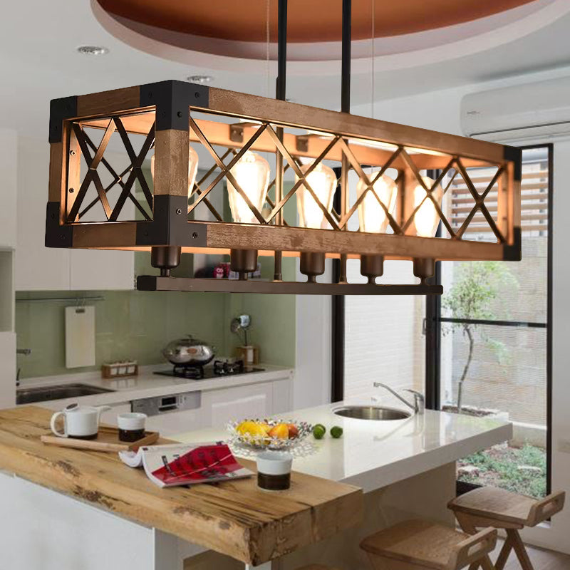 5 Bulbs Rectangle Pendant Light with Frame Shade Rustic Loft Brown Metal and Wood Island Light Clearhalo 'Ceiling Lights' 'Island Lights' Lighting' 466551