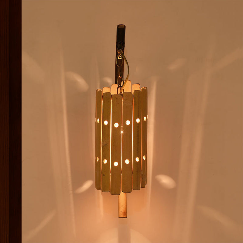 Cylinder Shaped Wall Light Fixture Modern Pierced Bamboo 1 Head Wood Sconce Lighting for Balcony Clearhalo 'Wall Lamps & Sconces' 'Wall Lights' Lighting' 466552