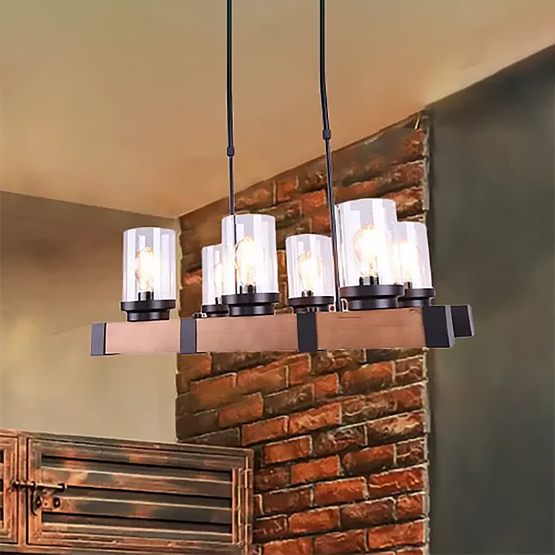 3/6 Lights Island Lighting with Cylinder Shade Clear Glass Industrial Dining Room Hanging Lamp in Brown Clearhalo 'Ceiling Lights' 'Glass shade' 'Glass' 'Island Lights' 'Pendant Lights' Lighting' 466583