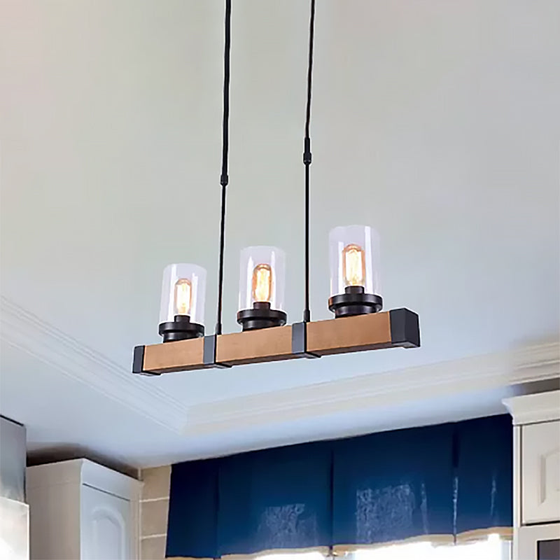 3/6 Lights Island Lighting with Cylinder Shade Clear Glass Industrial Dining Room Hanging Lamp in Brown Clearhalo 'Ceiling Lights' 'Glass shade' 'Glass' 'Island Lights' 'Pendant Lights' Lighting' 466584