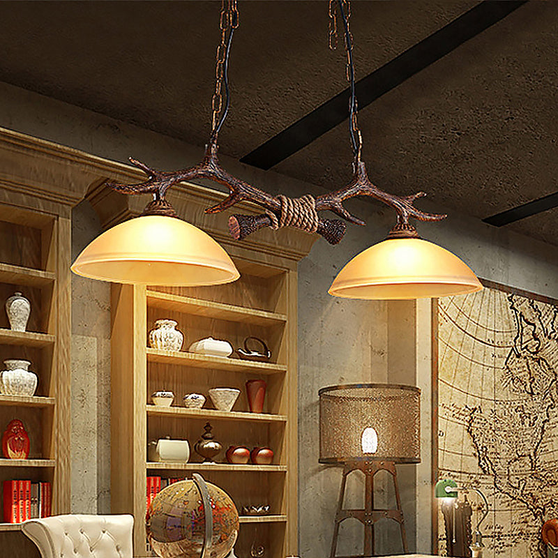Bowl Shade Hanging Lamp Rustic Glass 2 Bulbs Hanging Pendant with Wood and Rope Decoration in Amber Clearhalo 'Ceiling Lights' 'Chandeliers' 'Glass shade' 'Glass' 'Island Lights' Lighting' 466672