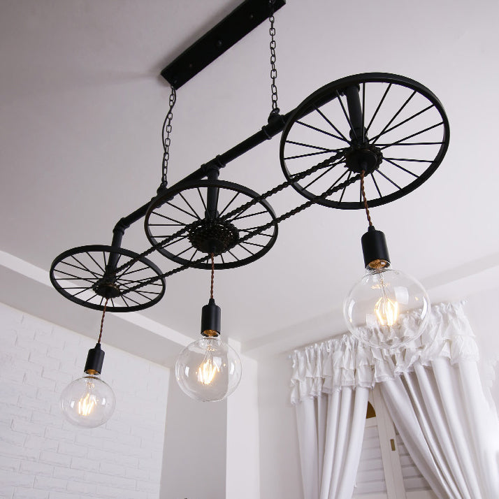 Black 1 Light Island Light Vintage Industrial Wrought Iron Wheel Design Hanging Lamp for Living Room Black Clearhalo 'Ceiling Lights' 'Island Lights' Lighting' 466727