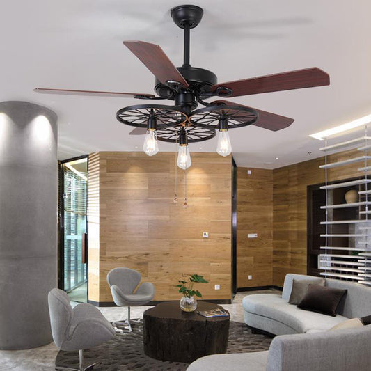 3 Lights Wheel Ceiling Fan Industrial Retro Metal Semi Flush in Black with 5 Blades Black Pull Chain Clearhalo 'Ceiling Fans with Lights' 'Ceiling Fans' 'Industrial Ceiling Fans' 'Industrial' Lighting' 466743