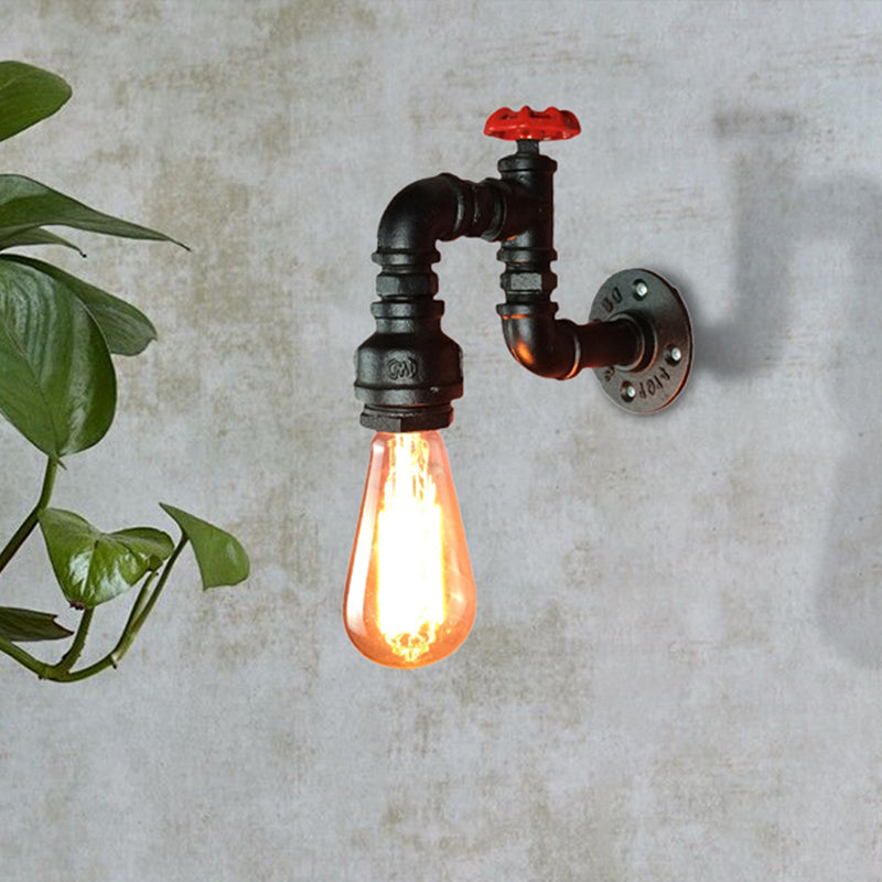 Black 1 Head Wall Sconce Light Rustic Industrial Metal Pipe Wall Lamp with Red Faucet Valve for Living Room Clearhalo 'Art deco wall lights' 'Cast Iron' 'Glass' 'Industrial wall lights' 'Industrial' 'Middle century wall lights' 'Modern' 'Rustic wall lights' 'Tiffany' 'Traditional wall lights' 'Wall Lamps & Sconces' 'Wall Lights' Lighting' 466853