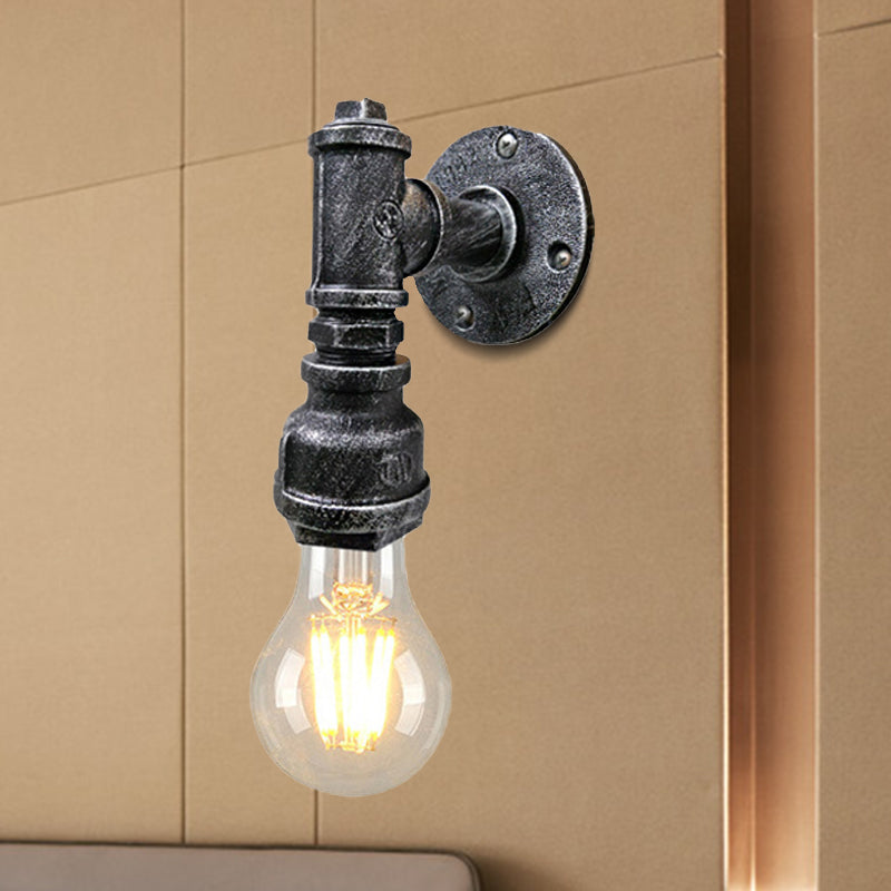 1 Light Iron Wall Sconce Lighting Industrial Black/Aged Silver Bare Bulb Indoor Wall Mounted Lamp with Water Pipe Clearhalo 'Art deco wall lights' 'Cast Iron' 'Glass' 'Industrial wall lights' 'Industrial' 'Middle century wall lights' 'Modern' 'Rustic wall lights' 'Tiffany' 'Traditional wall lights' 'Wall Lamps & Sconces' 'Wall Lights' Lighting' 467035