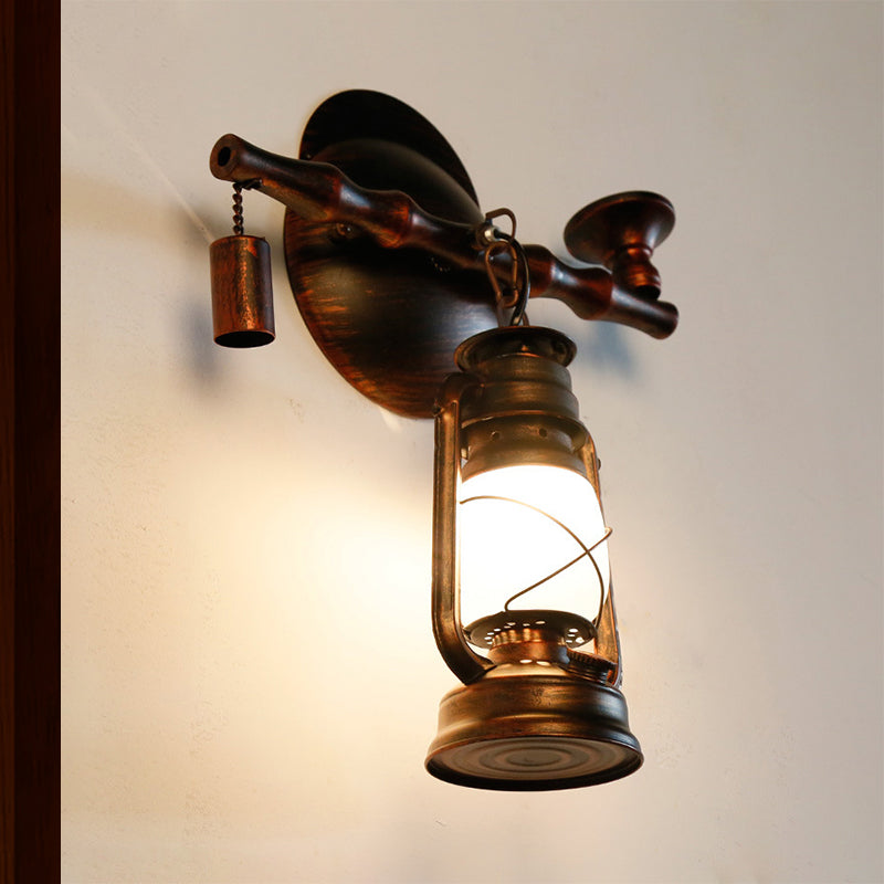 Opal Glass Lantern Wall Sconce Coastal 1 Light Dining Room Lighting Fixture in Antique Copper with Pipe Clearhalo 'Art deco wall lights' 'Cast Iron' 'Glass' 'Industrial wall lights' 'Industrial' 'Middle century wall lights' 'Modern' 'Rustic wall lights' 'Tiffany' 'Traditional wall lights' 'Wall Lamps & Sconces' 'Wall Lights' Lighting' 467076