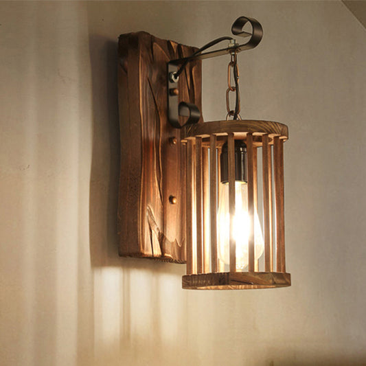 Cylinder Cage Sconce Light Wood Lodge Industrial 1 Light Wall Lighting for Coffee Shop Clearhalo 'Modern wall lights' 'Modern' 'Wall Lamps & Sconces' 'Wall Lights' Lighting' 467124