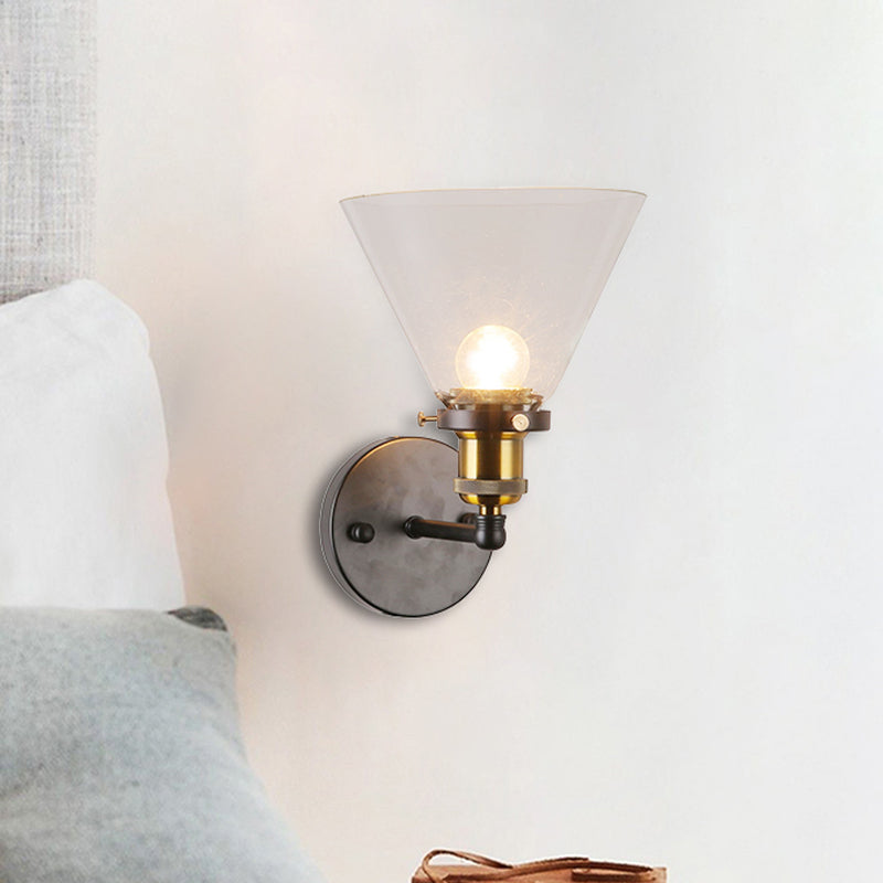 Clear Glass Black Wall Sconce Lighting Cone 1-Light Antique Light Fixture for Kitchen Clearhalo 'Cast Iron' 'Glass' 'Industrial' 'Modern wall lights' 'Modern' 'Tiffany' 'Traditional wall lights' 'Wall Lamps & Sconces' 'Wall Lights' Lighting' 467169