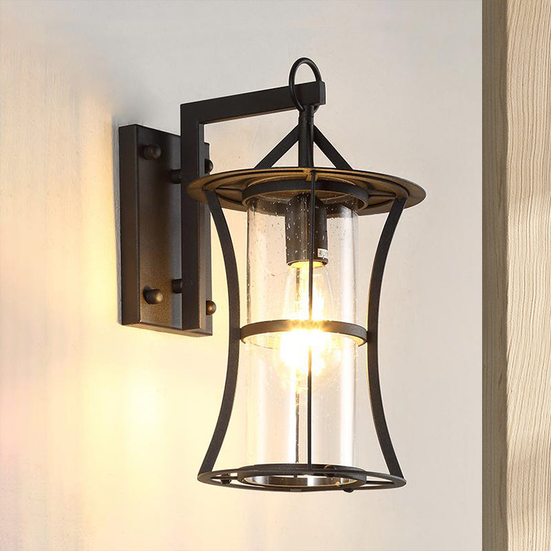 One Bulb Wall Light with Cylinder/Rectangle Shade Textured Glass Rustic Porch Sconce Lighting Fixture in Clear Clearhalo 'Art deco wall lights' 'Cast Iron' 'Glass' 'Industrial wall lights' 'Industrial' 'Middle century wall lights' 'Modern' 'Rustic wall lights' 'Tiffany' 'Traditional wall lights' 'Wall Lamps & Sconces' 'Wall Lights' Lighting' 467230