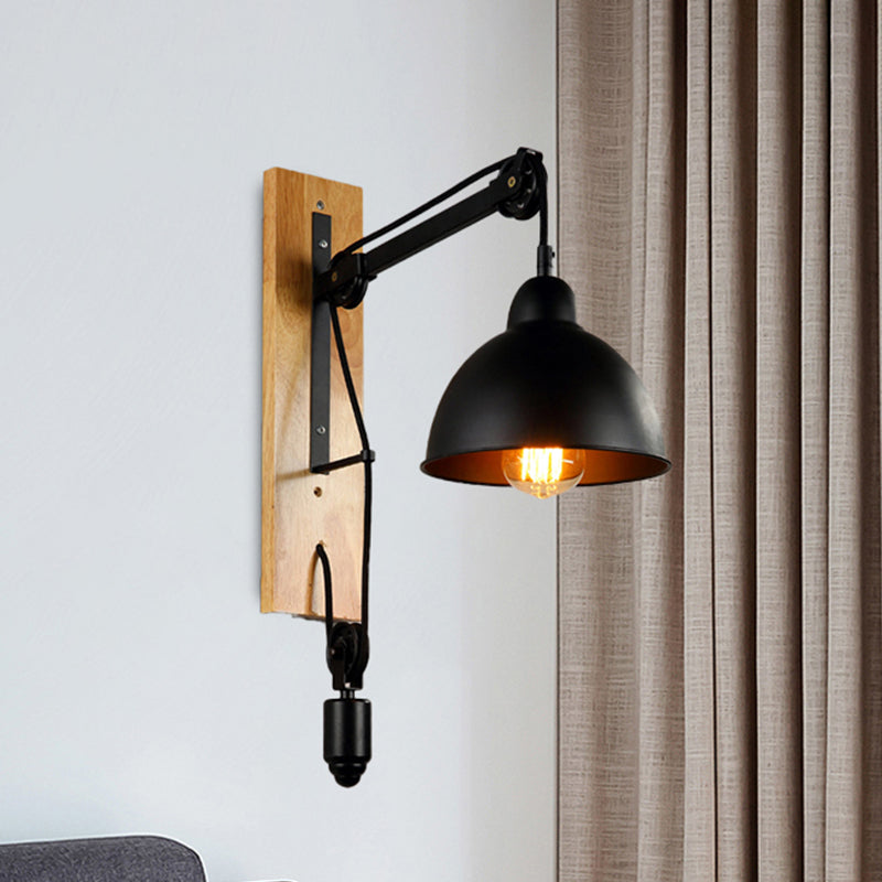 Domed Indoor Wall Mount Light Industrial Metal 1 Head Black Sconce Light with Beige/Brown Wood Backplate and Pulley Clearhalo 'Cast Iron' 'Glass' 'Industrial' 'Modern wall lights' 'Modern' 'Tiffany' 'Traditional wall lights' 'Wall Lamps & Sconces' 'Wall Lights' Lighting' 467274