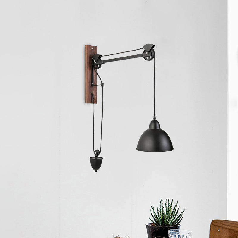 Domed Indoor Wall Mount Light Industrial Metal 1 Head Black Sconce Light with Beige/Brown Wood Backplate and Pulley Clearhalo 'Cast Iron' 'Glass' 'Industrial' 'Modern wall lights' 'Modern' 'Tiffany' 'Traditional wall lights' 'Wall Lamps & Sconces' 'Wall Lights' Lighting' 467275