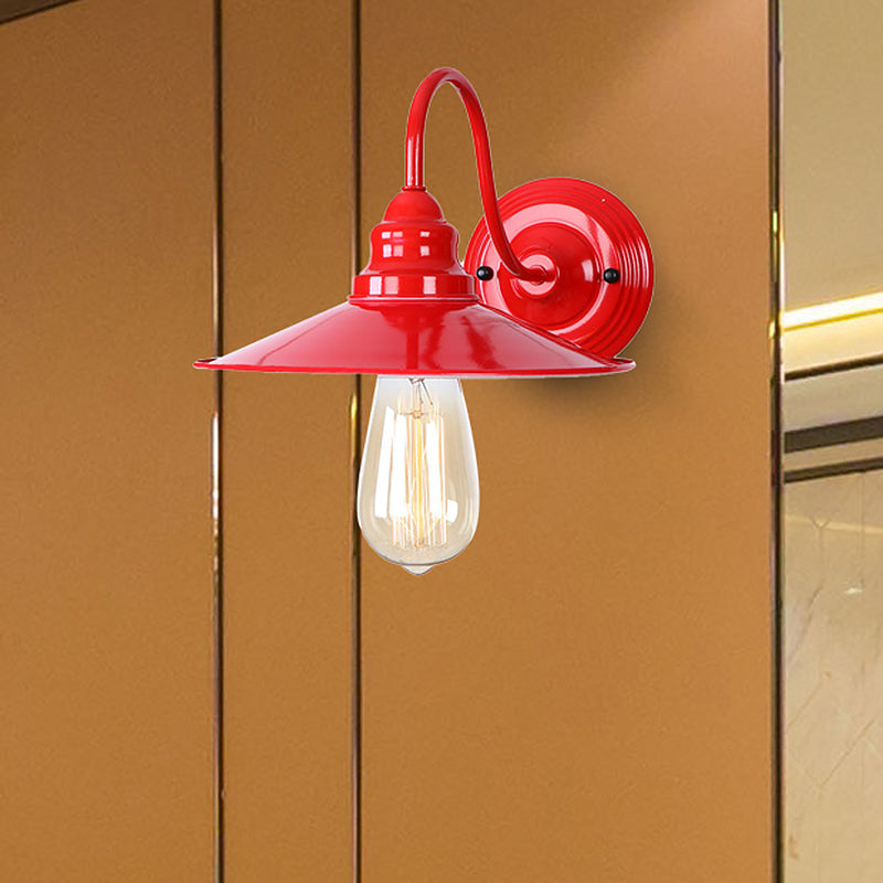 Metal Polished Red Wall Lighting Flat Shade 1 Head Industrial Stylish Sconce Light with Gooseneck Arm Clearhalo 'Art deco wall lights' 'Cast Iron' 'Glass' 'Industrial wall lights' 'Industrial' 'Middle century wall lights' 'Modern' 'Rustic wall lights' 'Tiffany' 'Traditional wall lights' 'Wall Lamps & Sconces' 'Wall Lights' Lighting' 467324