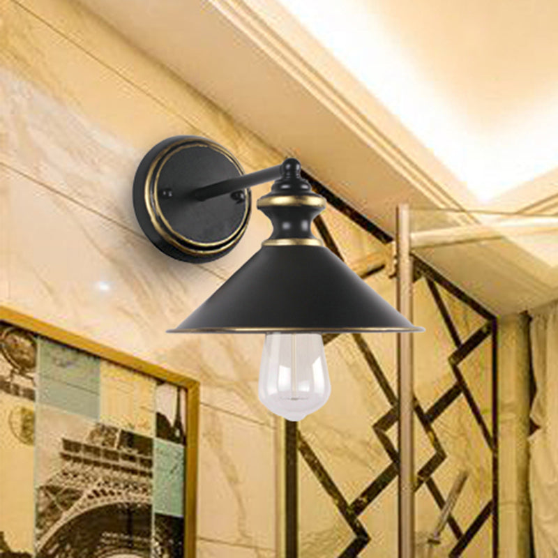 Metallic Black Wall Lamp Conical Shade 1 Light Industrial Style Sconce Lighting for Dining Room Clearhalo 'Art deco wall lights' 'Cast Iron' 'Glass' 'Industrial wall lights' 'Industrial' 'Middle century wall lights' 'Modern' 'Rustic wall lights' 'Tiffany' 'Traditional wall lights' 'Wall Lamps & Sconces' 'Wall Lights' Lighting' 467325