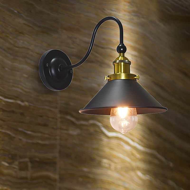 Black 1 Light Wall Lighting Retro Style Metal Conical Shade Sconce Lamp with Gooseneck Arm for Corridor Clearhalo 'Art deco wall lights' 'Cast Iron' 'Glass' 'Industrial wall lights' 'Industrial' 'Middle century wall lights' 'Modern' 'Rustic wall lights' 'Tiffany' 'Traditional wall lights' 'Wall Lamps & Sconces' 'Wall Lights' Lighting' 467328