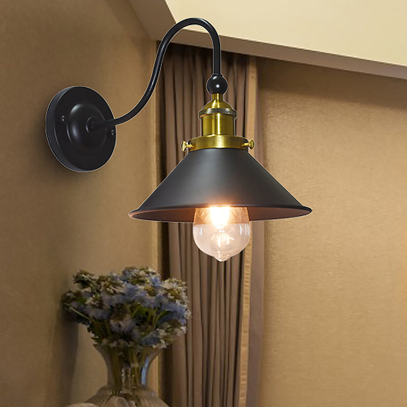Black 1 Light Wall Lighting Retro Style Metal Conical Shade Sconce Lamp with Gooseneck Arm for Corridor Clearhalo 'Art deco wall lights' 'Cast Iron' 'Glass' 'Industrial wall lights' 'Industrial' 'Middle century wall lights' 'Modern' 'Rustic wall lights' 'Tiffany' 'Traditional wall lights' 'Wall Lamps & Sconces' 'Wall Lights' Lighting' 467329