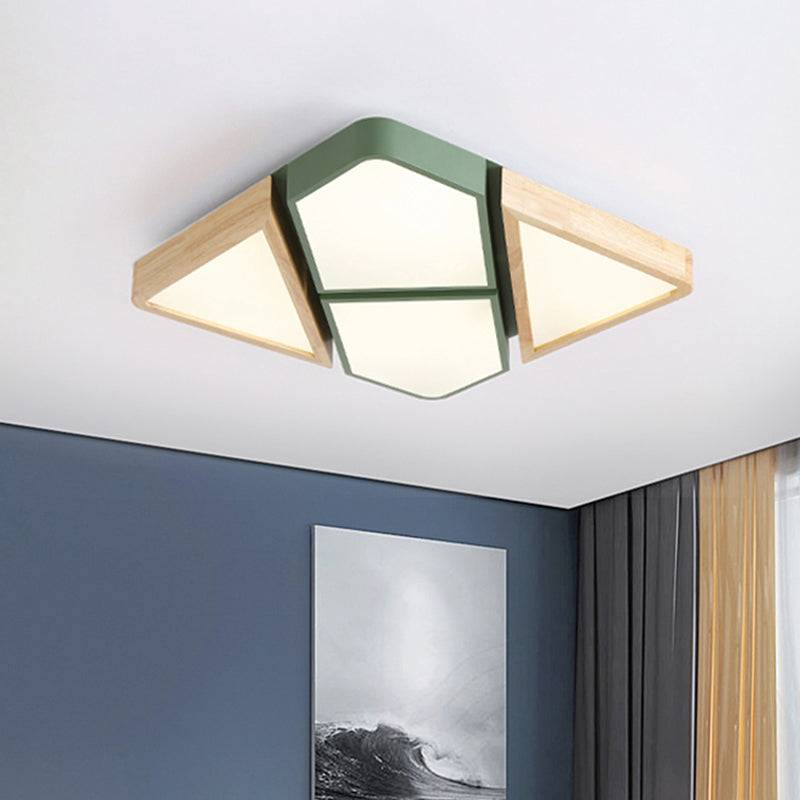 Gray/White/Green Spliced Square Ceiling Mount Light Nordic Wood and Metal 18"/21.5"/34.5" Wide LED Bedroom Ceiling Light in Warm/White/Neutral Clearhalo 'Ceiling Lights' 'Close To Ceiling Lights' 'Close to ceiling' 'Flush mount' Lighting' 467333