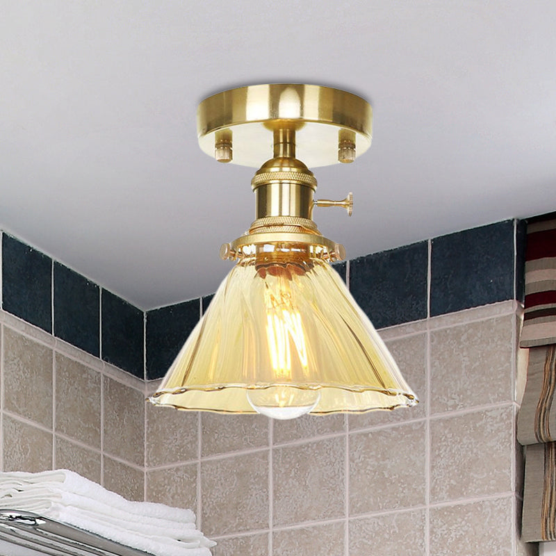 Cone Ruffle Glass Semi Flush Vintage Retro 1 Bulb Living Room Light Fixture in Clear/Amber Clearhalo 'Ceiling Lights' 'Close To Ceiling Lights' 'Close to ceiling' 'Glass shade' 'Glass' 'Semi-flushmount' Lighting' 467367