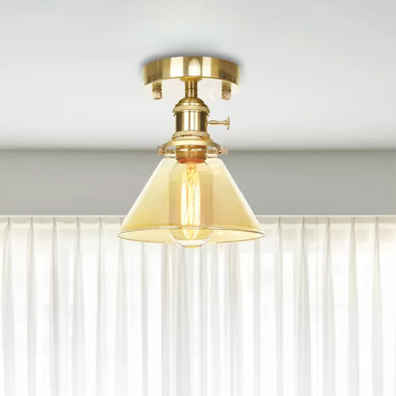 One Light Cone Semi Flush Light Industrial Brass Clear/Amber Glass Lighting Fixture for Living Room Clearhalo 'Ceiling Lights' 'Close To Ceiling Lights' 'Close to ceiling' 'Glass shade' 'Glass' 'Semi-flushmount' Lighting' 467390
