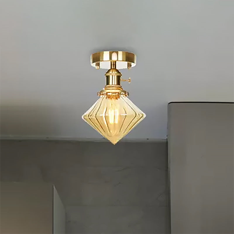 Gem Shade Living Room Semi Flush Industrial Prismatic Glass One Light Clear/Amber Lamping Clearhalo 'Ceiling Lights' 'Close To Ceiling Lights' 'Close to ceiling' 'Glass shade' 'Glass' 'Semi-flushmount' Lighting' 467391