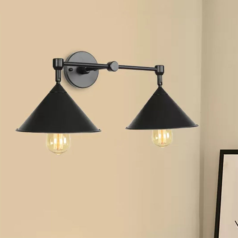 Industrial Vintage Cone Wall Lighting 2 Lights Metal Wall Lamp Sconce in Black/Grey for Restaurant Clearhalo 'Art deco wall lights' 'Cast Iron' 'Glass' 'Industrial wall lights' 'Industrial' 'Middle century wall lights' 'Modern' 'Rustic wall lights' 'Tiffany' 'Traditional wall lights' 'Wall Lamps & Sconces' 'Wall Lights' Lighting' 467393