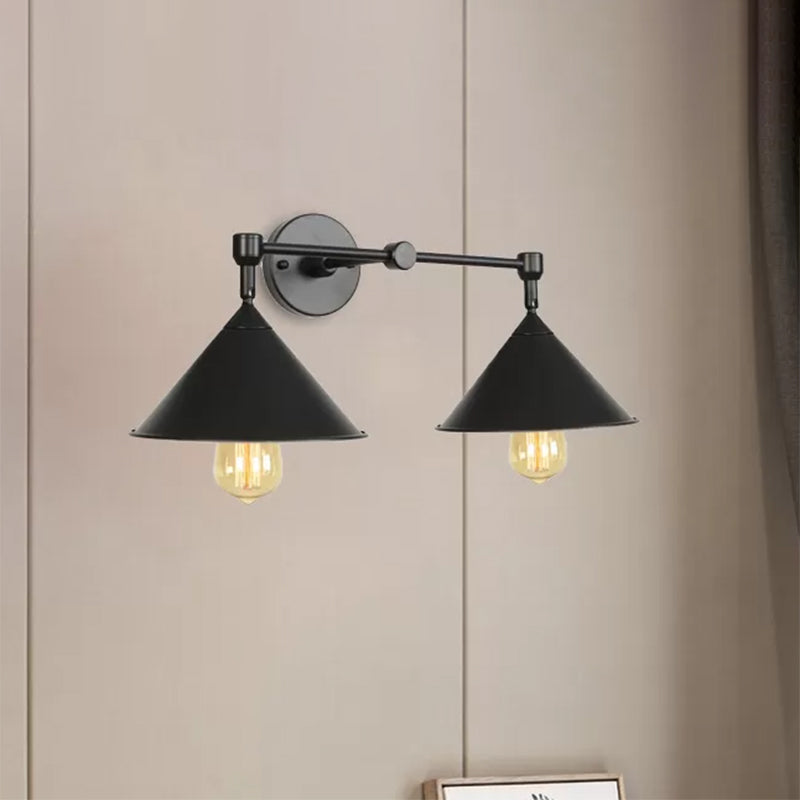 Industrial Vintage Cone Wall Lighting 2 Lights Metal Wall Lamp Sconce in Black/Grey for Restaurant Clearhalo 'Art deco wall lights' 'Cast Iron' 'Glass' 'Industrial wall lights' 'Industrial' 'Middle century wall lights' 'Modern' 'Rustic wall lights' 'Tiffany' 'Traditional wall lights' 'Wall Lamps & Sconces' 'Wall Lights' Lighting' 467394