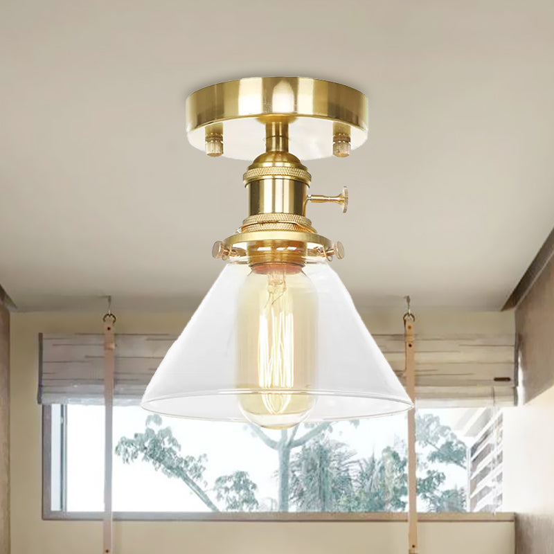 One Light Cone Semi Flush Light Industrial Brass Clear/Amber Glass Lighting Fixture for Living Room Clearhalo 'Ceiling Lights' 'Close To Ceiling Lights' 'Close to ceiling' 'Glass shade' 'Glass' 'Semi-flushmount' Lighting' 467403
