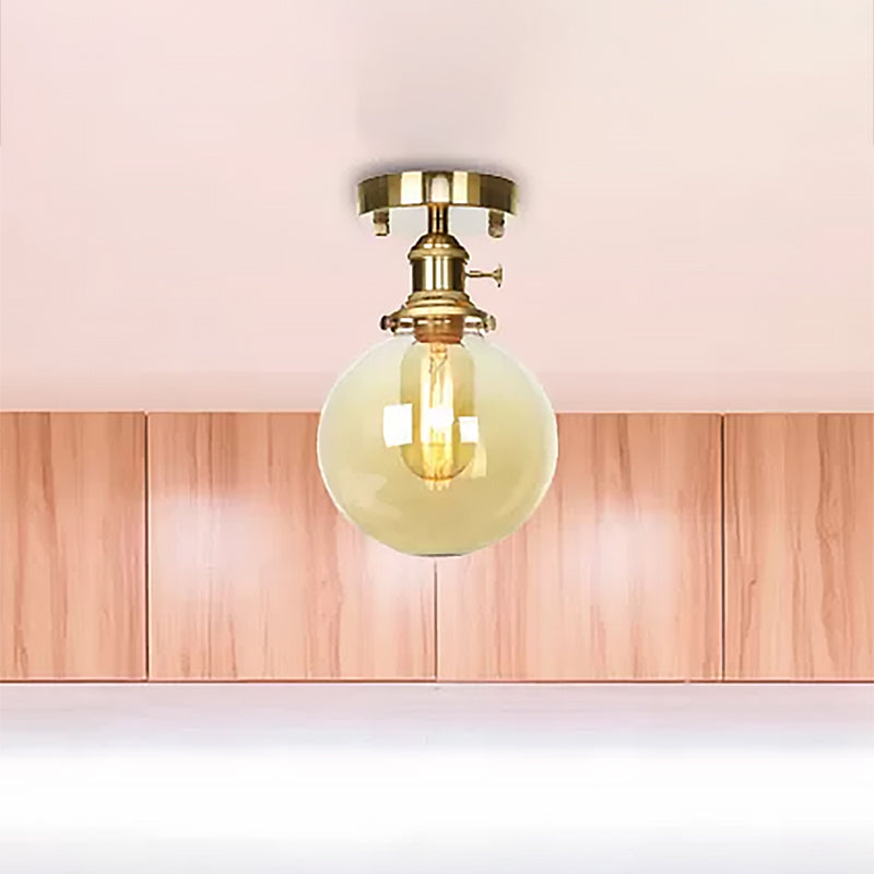 Brass One Bulb Ceiling Lighting Farmhouse Clear/Amber Glass Globe Semi Flush Light for Dining Room Clearhalo 'Ceiling Lights' 'Close To Ceiling Lights' 'Close to ceiling' 'Glass shade' 'Glass' 'Pendant Lights' 'Semi-flushmount' Lighting' 467408