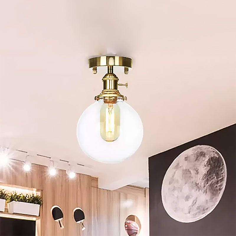 Brass One Bulb Ceiling Lighting Farmhouse Clear/Amber Glass Globe Semi Flush Light for Dining Room Clearhalo 'Ceiling Lights' 'Close To Ceiling Lights' 'Close to ceiling' 'Glass shade' 'Glass' 'Pendant Lights' 'Semi-flushmount' Lighting' 467409