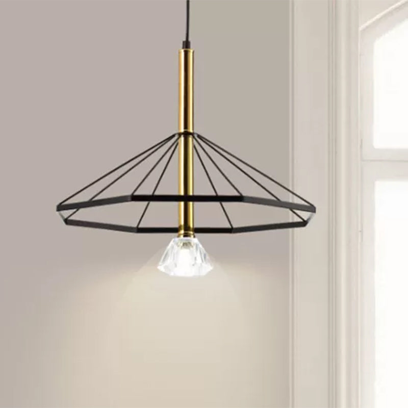 LED Cage Flared Semi Flush Light Loft Style Black Metal Semi Flush Pendant Light with Crystal Shade Clearhalo 'Ceiling Lights' 'Close To Ceiling Lights' 'Close to ceiling' 'Semi-flushmount' Lighting' 467412