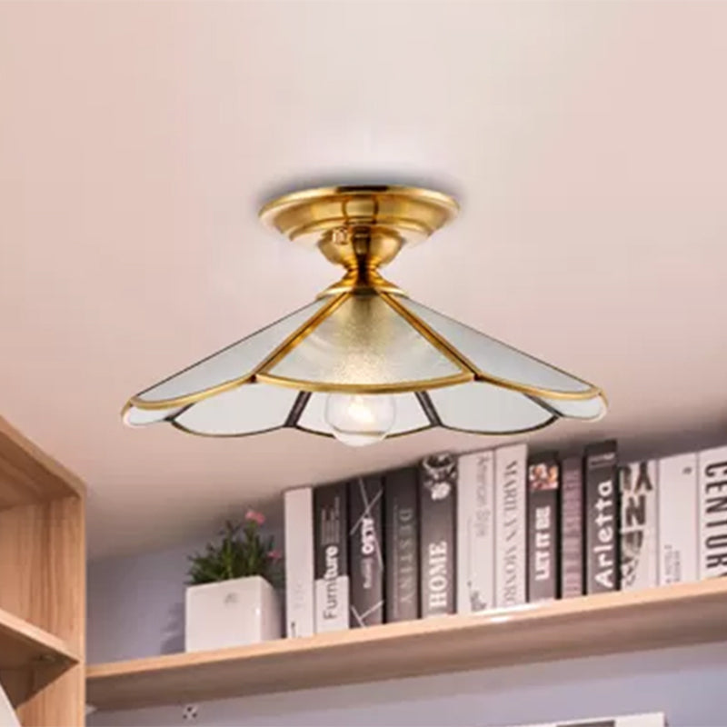 1 Light Cone/Wide Flare Shade Semi Flush Light Industrial Brass Hammered Glass Ceiling Mount Clearhalo 'Ceiling Lights' 'Close To Ceiling Lights' 'Close to ceiling' 'Glass shade' 'Glass' 'Semi-flushmount' Lighting' 467415