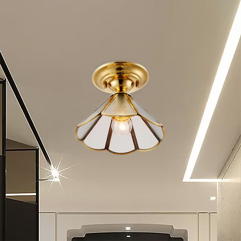 1 Light Cone/Wide Flare Shade Semi Flush Light Industrial Brass Hammered Glass Ceiling Mount Clearhalo 'Ceiling Lights' 'Close To Ceiling Lights' 'Close to ceiling' 'Glass shade' 'Glass' 'Semi-flushmount' Lighting' 467416